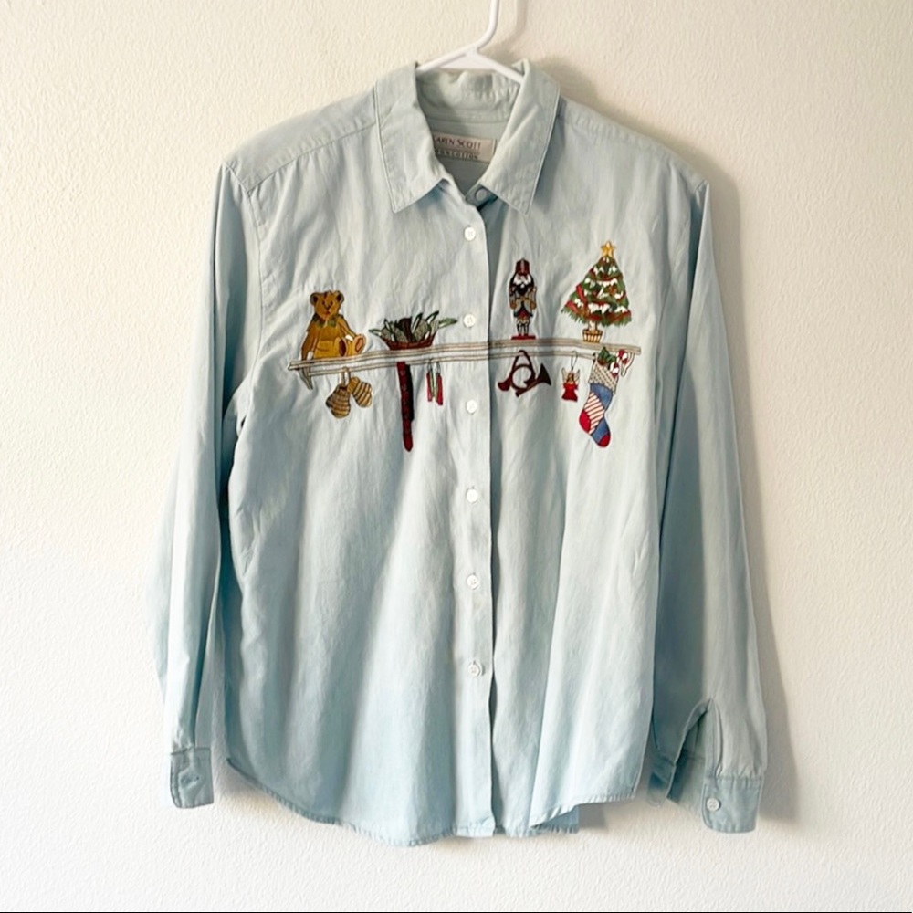 Christmas Embroidered Button Down Shirt 100% Cotton